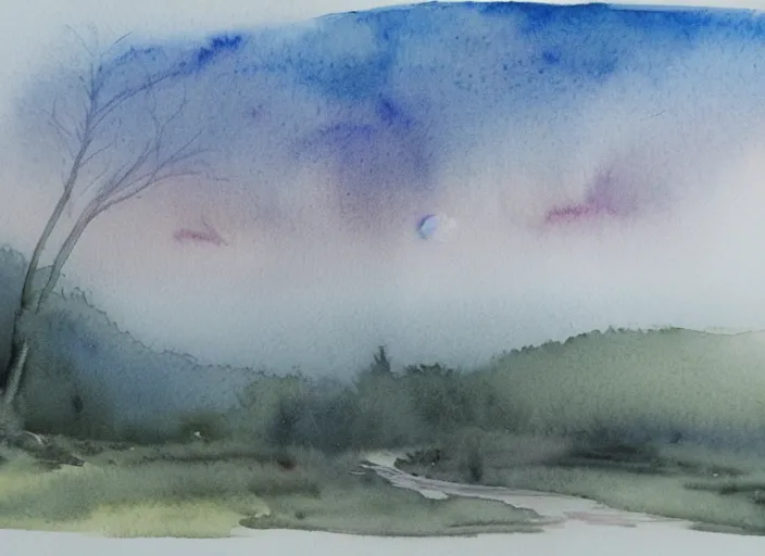 Prompt: A detailed watercolor painting of misty morning landscape, detailed, ballpoint pen ink combined with watercolor