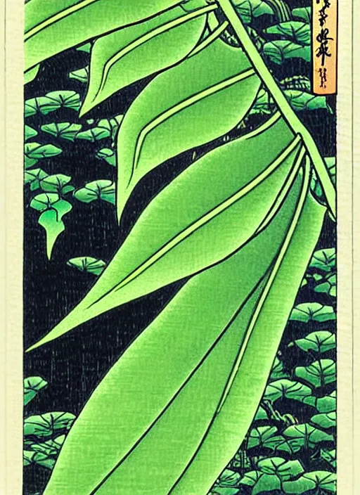 Image similar to fantasy scientific botanical trading card illustration of a green leafy plant that grows like a waterfall ,Ukiyo-e, isometric view, diego rivera