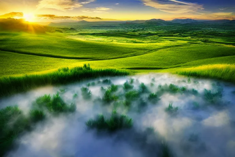 Image similar to windows bliss wallpaper, green hill, blue partly cloudy sky, 4 k, highly detailed, professional photography, by marc adamus