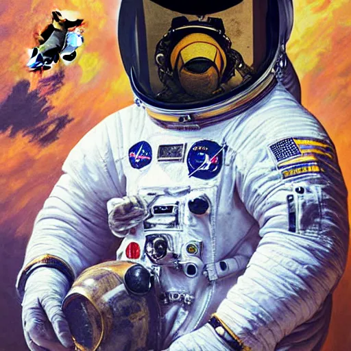 Image similar to oil painting of a big bee face in a astronaut suit with helmet, 35mm, photo, Epic, cinematic, highly detailed and intricate