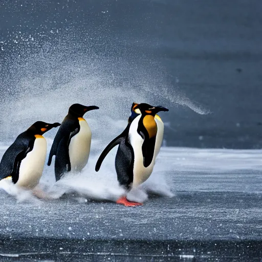 Prompt: penguins being chased by lightening while running on ice, wildlife photography, highly detailed, high quality, 8 k, soft lighting,