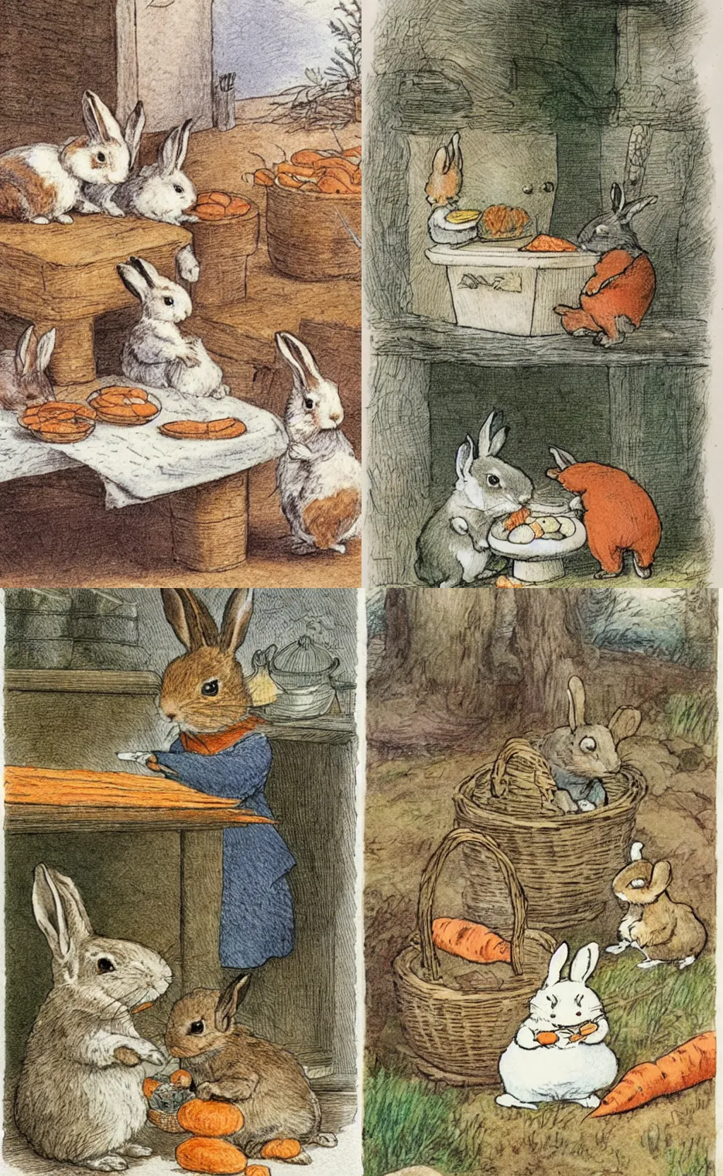 Prompt: a Beatrix Potter illustration of baby rabbits baking carrot cake