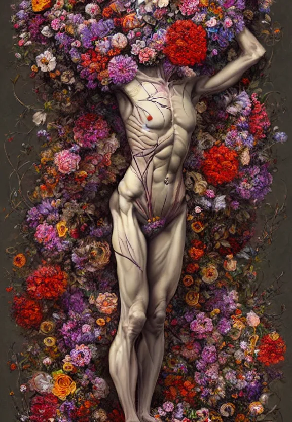 Image similar to anatomy full body made of flowers, very detailed, 8k, maximized, ornate, masterpiece, complex, by Greg rutkowski, Alex Gray, surrounded by smoke