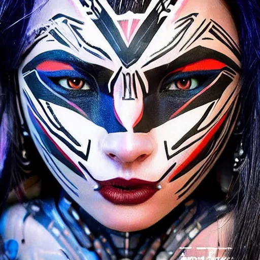 Prompt: a female transformer with tribal paint, flirty eyes, very symmetrical face, highly detailed, by vitaly bulgarov, by steven zavala, by matt tkocz, by shane baxley, transformers cinematic universe, pinterest, deviantart artstation _ h 7 5 0