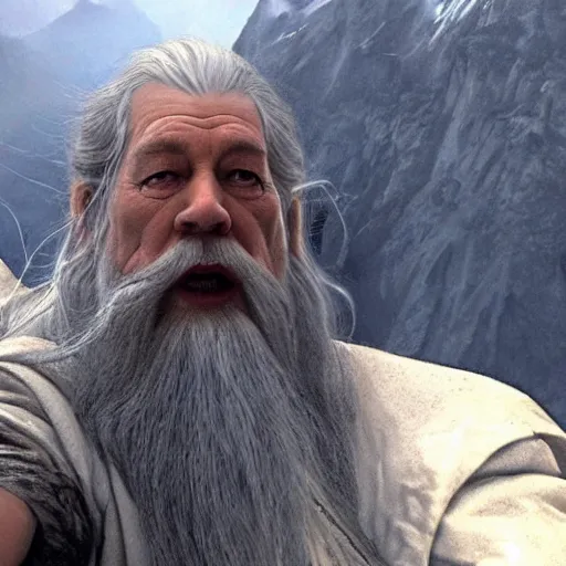 Image similar to Selfie taken by an overconfident Gandalf the Grey on the Bridge of Khazad Dum, a balrog looming in the background,