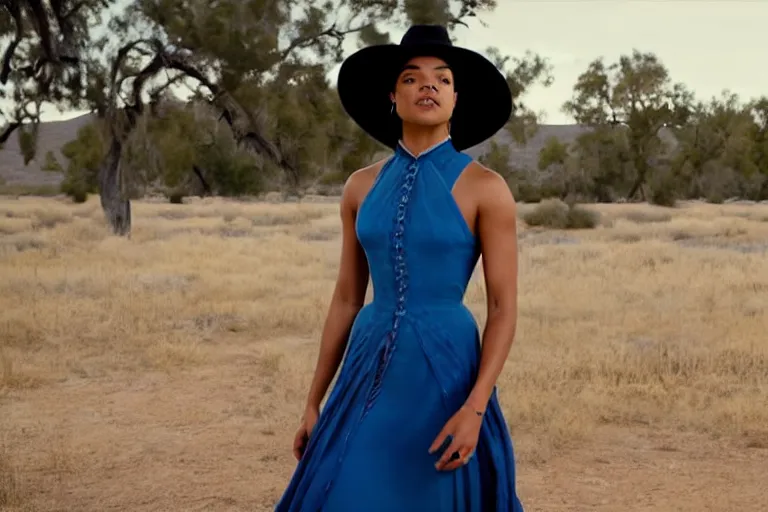 Image similar to portrait of tessa thompson wearing a blue dress on an old west plantation in westworld