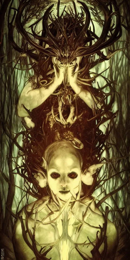 Image similar to intense glowing black metal pagan god with antlers and fangs and intense glowing eyes with a goat skull in very dark forest by marco mazzoni and alphonse mucha, portrait, fantasy, clear, light beams, lens flare, intense, uhd, amazing depth, cinematic lighting