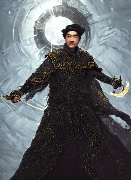 Prompt: a highly detailed illustration of Tony Leung Chiu-wai as wizard wearing ornate black robe and mage hat, dramatic wielding glowing orb pose, with guardian angle floating behind him, intricate, elegant, highly detailed, centered, digital painting, artstation, concept art, smooth, sharp focus, league of legends concept art, WLOP