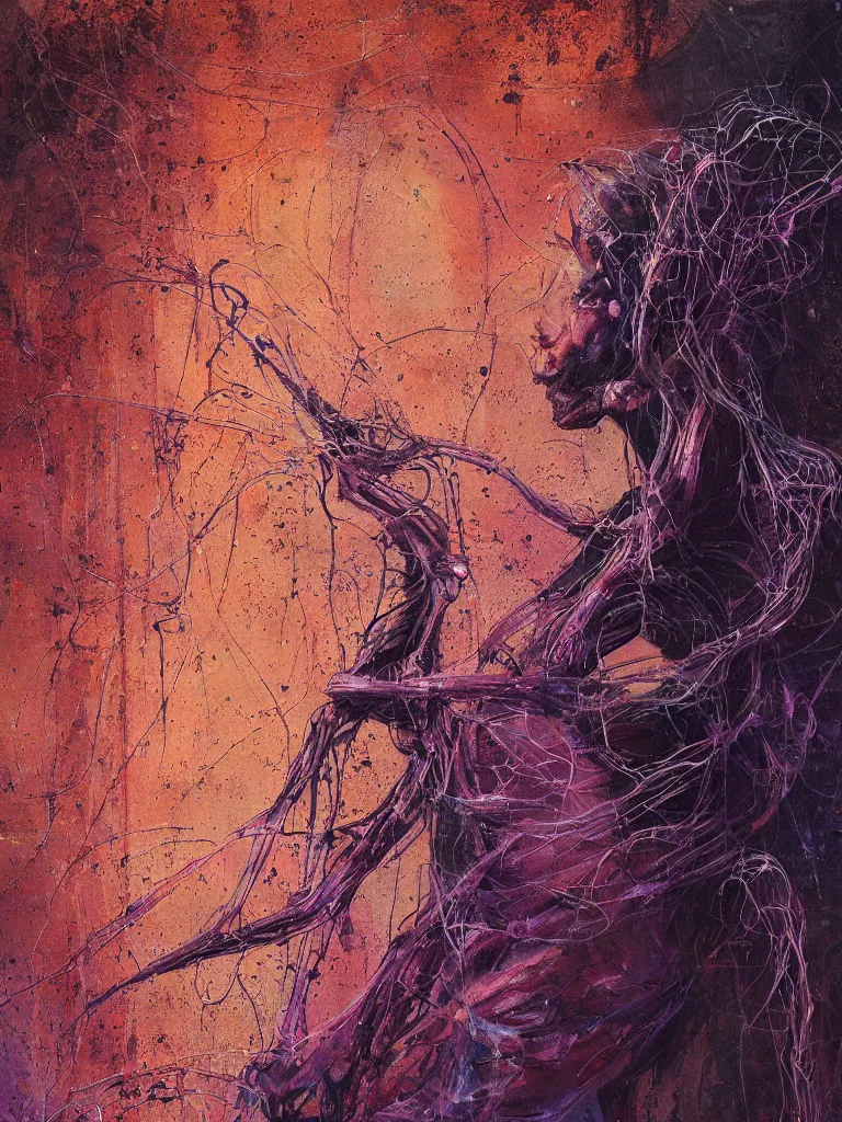 Image similar to a beautiful glitched painting by robert proch and emilio pettoruti of an anatomy book picture of the human nervous system on matrix wallpaper, color bleeding, pixel sorting, copper oxide and rust materials, brushstrokes by jeremy mann, dramatic lighting, pastel purple background