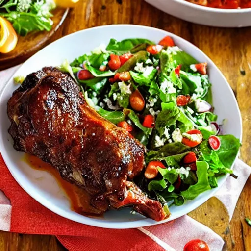 Image similar to lamb shank, beautifully seasoned, side of salad, cookbook photo, good composition