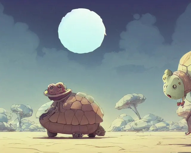 Prompt: a study of cell shaded cartoon turtle with 6 legs from howl's moving castle ( 2 0 0 4 ), on a desert road, illustration, wide shot, subtle colors, post grunge, concept art by josan gonzales and wlop, by james jean, victo ngai, highly detailed, sharp focus, trending on artstation, hq, deviantart, art by artgem