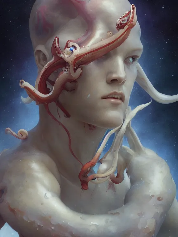 Image similar to Full shot of a 1970s squid monster astronaut defined facial features, symmetrical facial features. By Ruan Jia and Artgerm and Range Murata and WLOP and Ross Tran and William-Adolphe Bouguereau. Key Art. Fantasy Illustration. award winning, Artstation, intricate details, realistic, Hyperdetailed, 8k resolution.