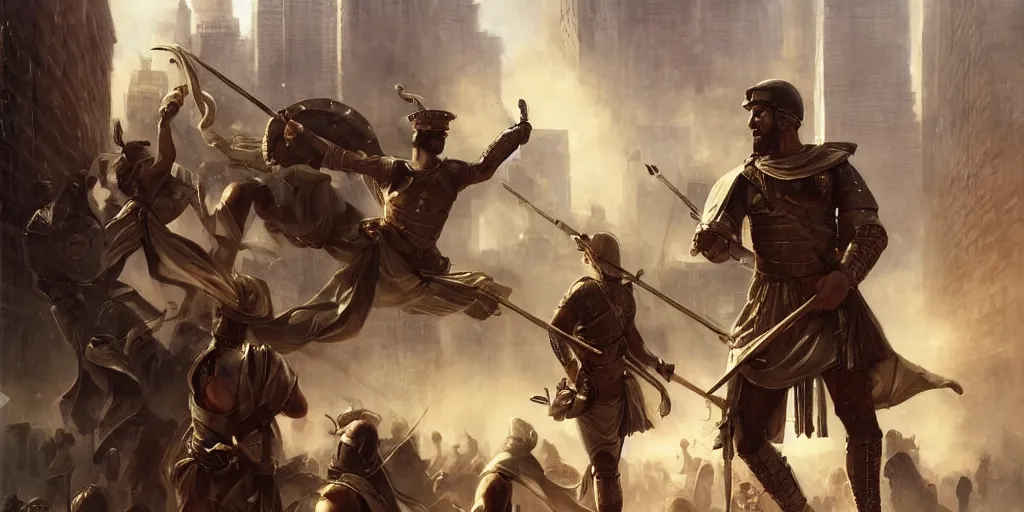 Image similar to Roman Empire legionary invading modern day New York City by Charlie Bowater and Pierre Auguste Cot