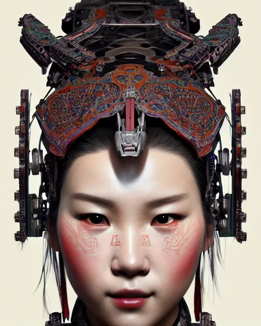 Image similar to portrait of a machine from horizon zero dawn, machine face, upper body, decorated with chinese opera motifs, asian, traditional chinese art, intricate, elegant, highly detailed, digital painting, artstation, concept art, smooth, sharp focus, illustration, art by artgerm and greg rutkowski and alphonse mucha, 8 k