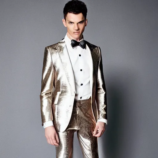 Image similar to a model wearing an impressive shining suit, photograph, clothing model