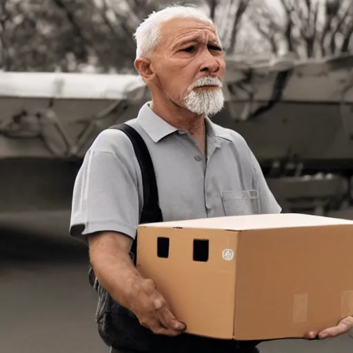 Image similar to Photo of a sad old man in an Amazon uniform holding an empty cardboard box