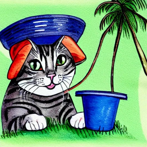 Image similar to a cat wearing a bucket hat and a hawaii shirt, children\'s book watercolor illustration