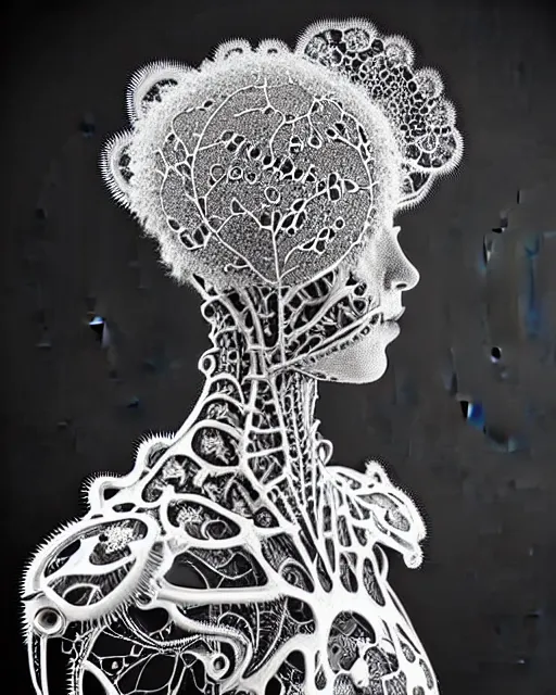 Prompt: surreal black and white photo portrait of complex biomechanical beautiful young female vegetal-cyborg with a mandelbrot fractal metal fine lace face, silver hair, 150 mm lens, soft rim light, fine metal floral foliage super big lace collar by Alexander McQueen, high fashion, haute couture, rococo, steampunk, silver filigree details, anatomical, facial muscles, cable wires, microchip, elegant, hyper realistic, octane render, unreal engine, in the style of Man Ray, by Dora Maar, volumetric lighting, 8k,