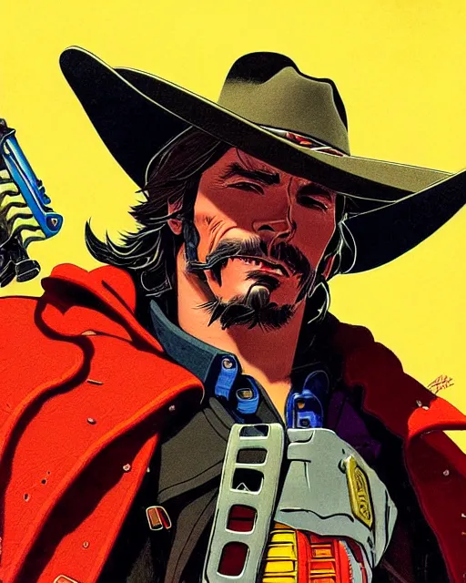 Image similar to mccree from overwatch, poncho blowing in the wind, space cowboy, character portrait, portrait, close up, concept art, intricate details, highly detailed, vintage sci - fi poster, retro future, vintage sci - fi art, in the style of chris foss, rodger dean, moebius, michael whelan, and gustave dore