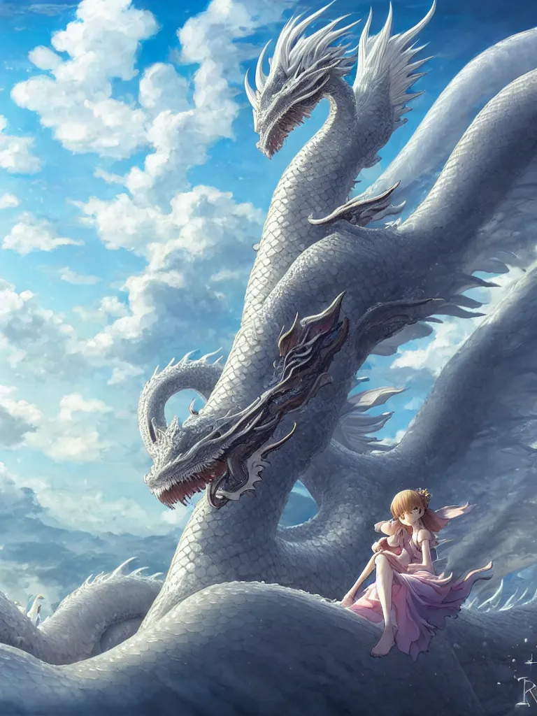 Image similar to the beautiful hyper detailed big scene render that a beautiful princess sitting on the back of a huge silver white dragon alone in fairyland surrounded by white clouds, finely detailed angelic face delicate features, style of studio ghibli, makoto shinkai, raphael lacoste, artgerm, karol bak, kazuki tanahashi, james jean, ross tran, ultra wide angle