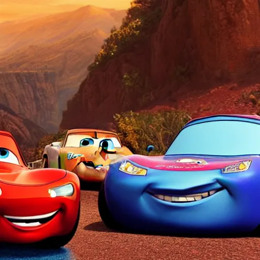 Image similar to cars movie with the face of David Copperfield on the body car, pixar