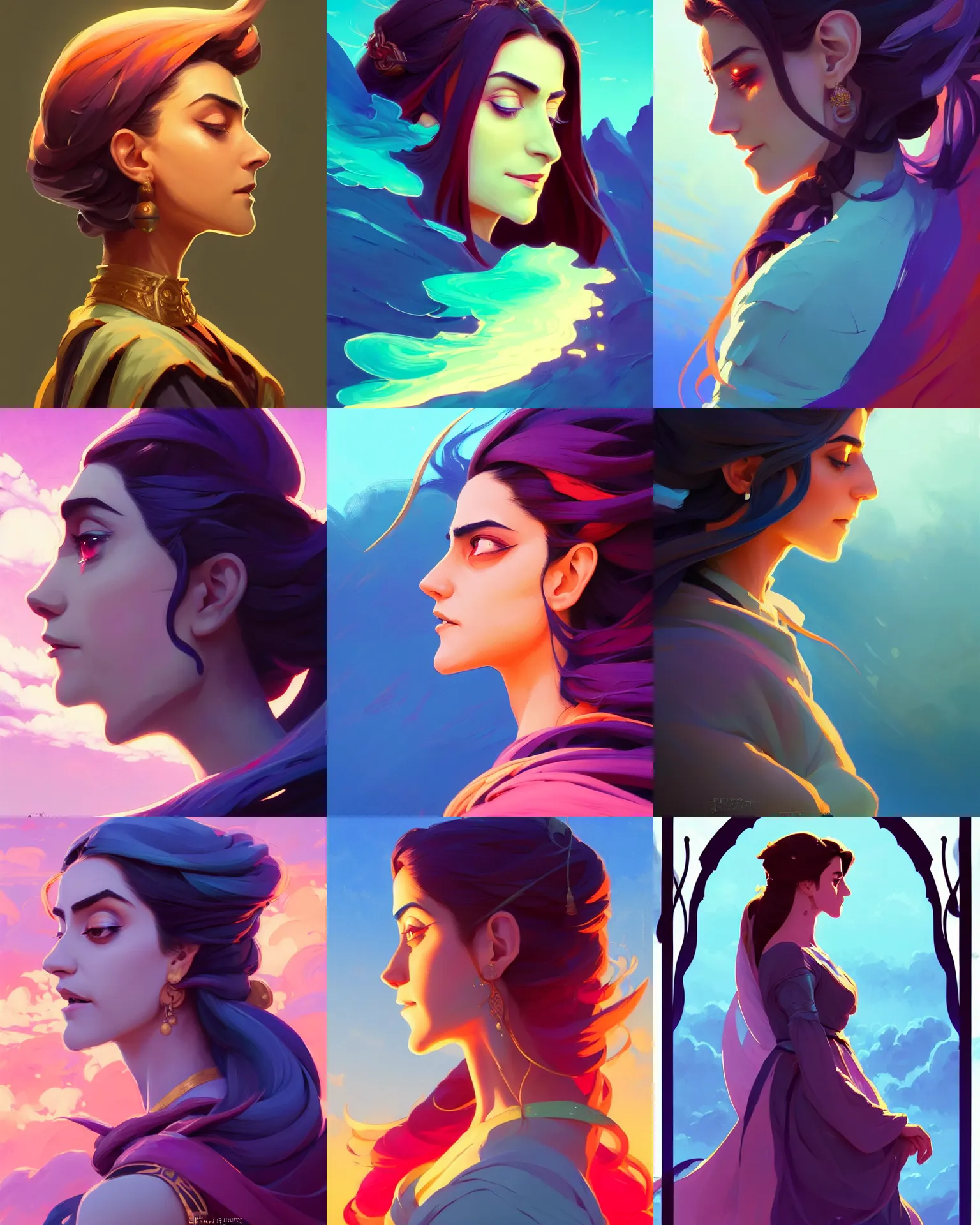 Prompt: side profile centered painted portrait, Maya Ali as a wind mage, Arcane and D&D, concept art, beautifully backlit, official fanart, 4k, HDR, Trending on artstation, Behance, Art Nouveau, chromatic colours, by Jesper Ejsing and RHADS and Makoto Shinkai and Lois van baarle and ilya kuvshinov and rossdraws and Cushart Krentz and Gilleard James