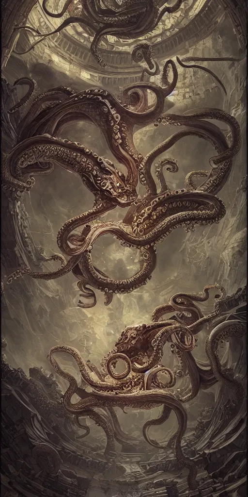 Prompt: epic fight of colorful Ouroboros and enormous octopus floating around inside an ancient mage castle hall colossal scale, gothic and baroque, brutalist architecture, ultradetailed, intricate details by Ellen Jewett and Ayami Kojima