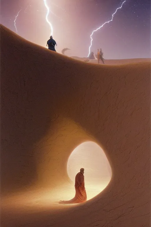 Image similar to a glowing magical portal inside a wave made of sand fantasy empty quarter desert, portal, a man watching over, sci fi, lightning, night, midnight, arabia, by caspar david friedrich by james gillard and justin gerard, artstation, smooth, sharp focus, by jean baptiste, bernardo bellotto