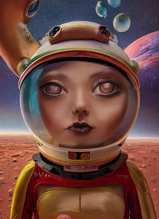 Image similar to closeup portrait of tin toy askimo spacegirl in a spaceship on mars, depth of field, zeiss lens, detailed, symmetrical, centered, fashion photoshoot, by nicoletta ceccoli, mark ryden, lostfish, breathtaking, 8 k resolution, extremely detailed, beautiful, establishing shot, artistic, hyperrealistic, octane render