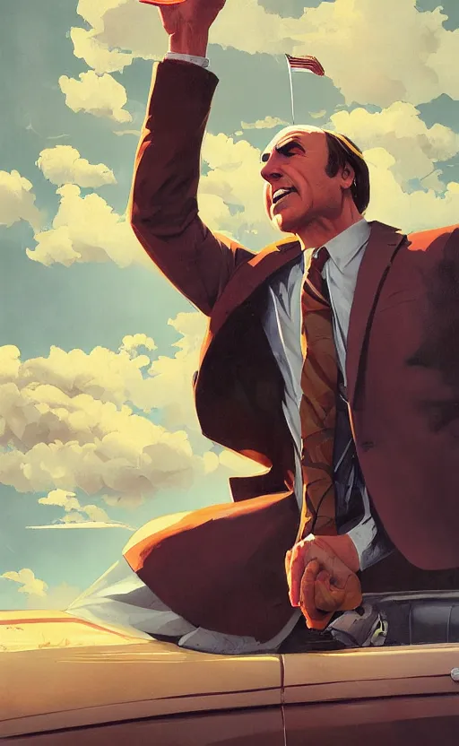 Image similar to saul goodman, poster of better call saul, vintage, matte painting, illustration,, by rhads, by greg rutkowski, by greg tocchini, by james gilleard, by joe fenton