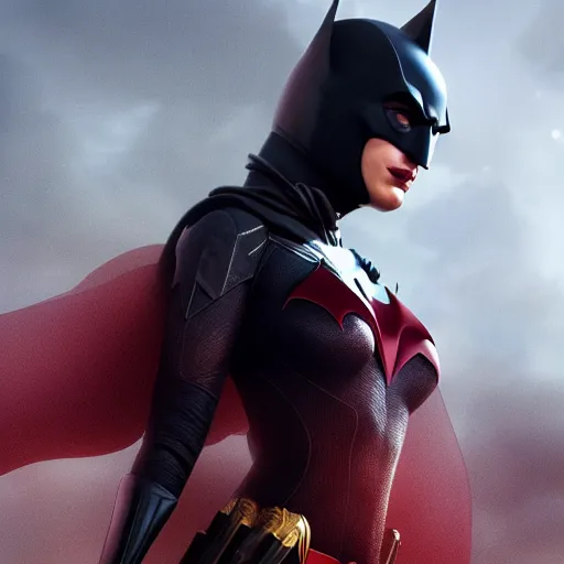 Image similar to a close up face of Gal Gadot as Batwoman by Greg Rutkowski, Sung Choi, Mitchell Mohrhauser, Maciej Kuciara, Johnson Ting, Maxim Verehin, Peter Konig, Zack Snyder, 8k photorealistic, cinematic lighting, HD, high details, dramatic, trending on artstation,