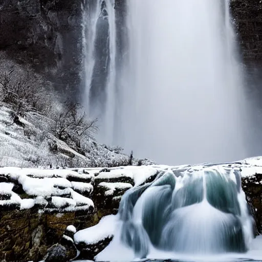 Prompt: beautiful waterfall in a winter scene mountain scape, award-winning photo, moody atmosphere