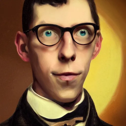 Prompt: 19th century portrait of Neil Cicierega looking forward holding his cat, serious facial expression, digital artwork, highly detailed, trending on artstation, red colors, dark, dreamlike, mystical, red lights, contrast, black background, digital painting, 8K, high contrast lighting, cat looking forward