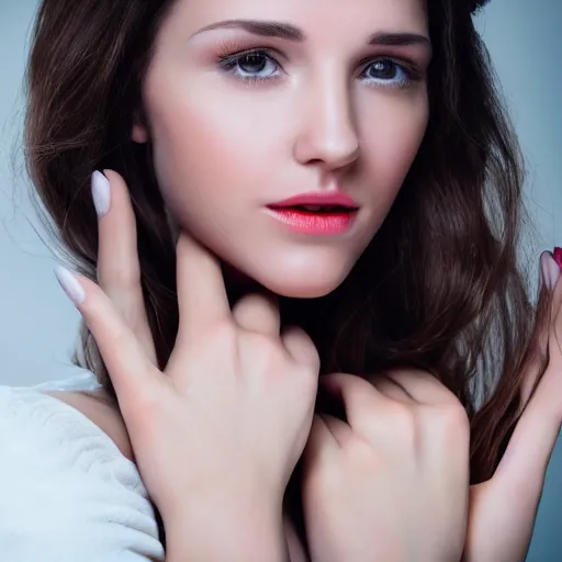 Image similar to close - up of brunette model holding up hand highlighting large diamond ring, studio lighting, studio photography, high resolution, perfect face, sharp focus, ring light, dslr