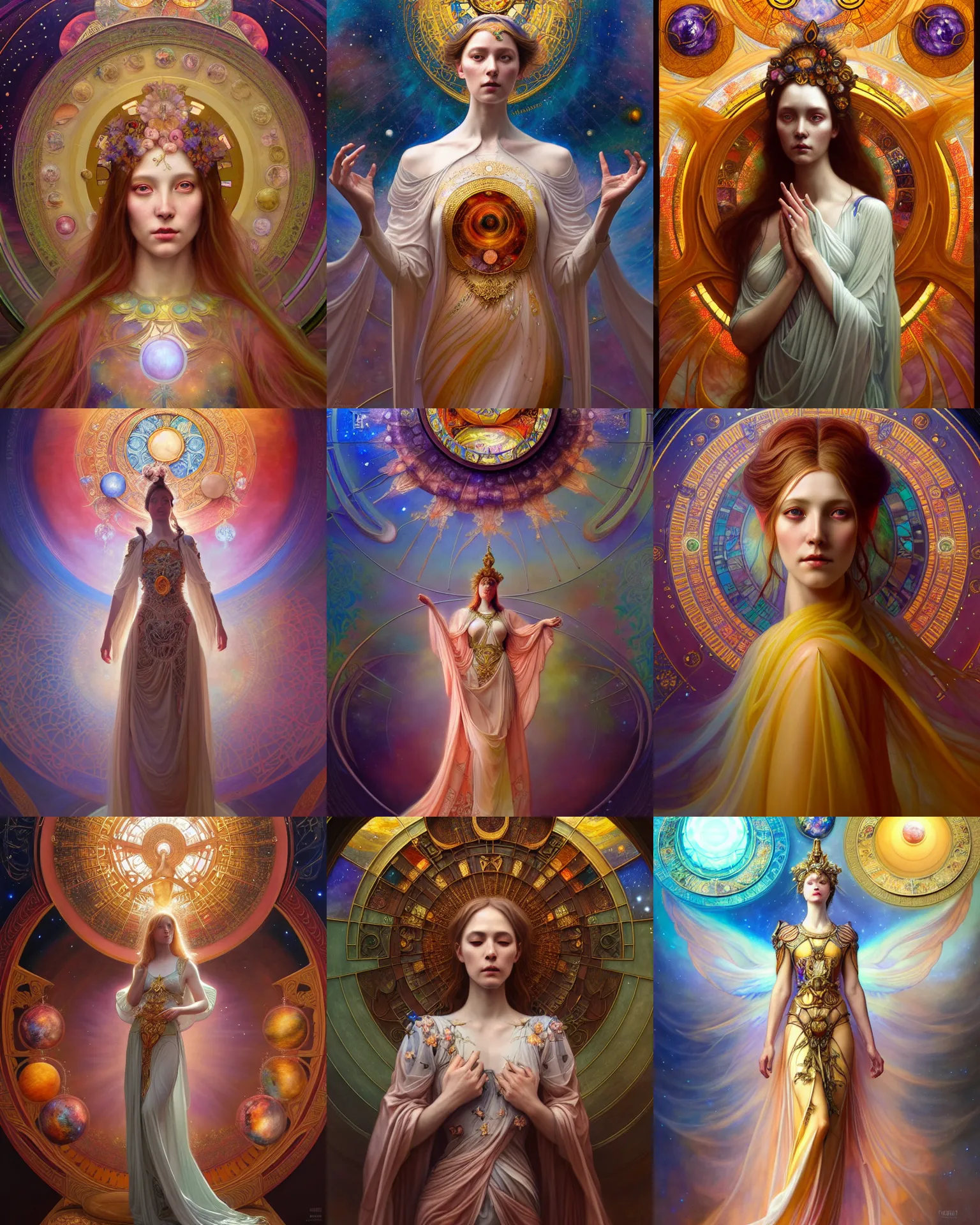 Prompt: Full view realistic ethereal Goddess of the solar system wearing beautiful dress by Mandy Jurgens and Ruan Jia, ornate art nouveau background by Elisabeth Sonrel, iconography stained glass solar system background, mystical oil on linen, award winning, dramatic lighting, intricate details, realistic, full view, Artstation, CGsociety