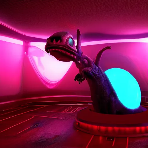 Image similar to aliens inside of a haunted space ship experimenting on humans with giant cats filled with a neon red alien substance, volumetric lighting, ultra detailed