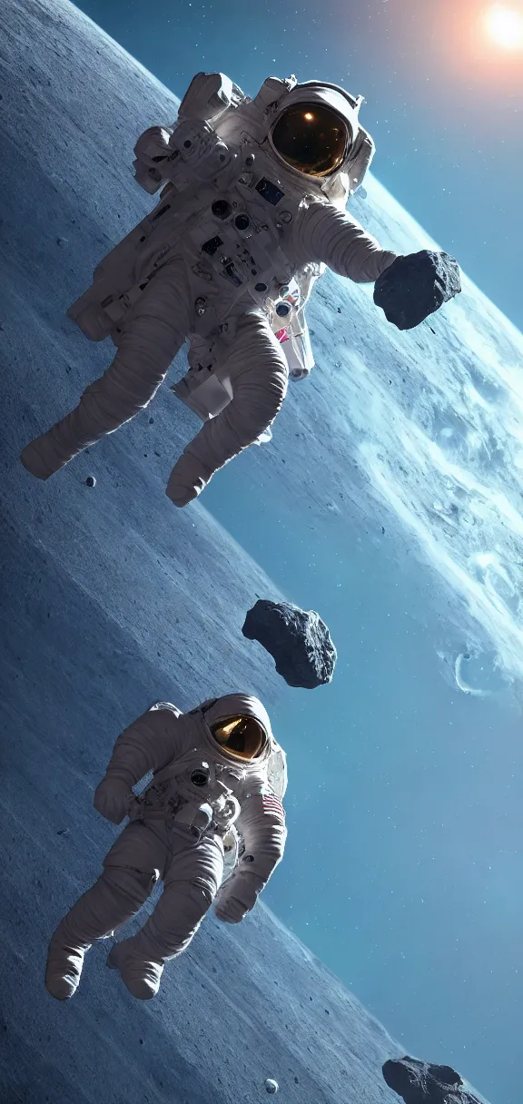 Image similar to photo of 8k ultra realistic astronaut riding an asteroid, nasa, clear sky, full of colour, cinematic lighting, battered, trending on artstation, 4k, hyperrealistic, focused, extreme details,unreal engine 5, cinematic, masterpiece, art by John Harris