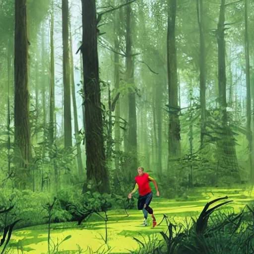 Prompt: a guy in acid-green athletic sneakers runs through a forest with tall trees, art by Marc Simonetti,