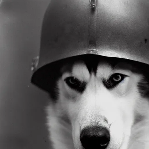 Image similar to close up of a husky wearing soldier helmet in the battle, ww 2 historical photography, black & white