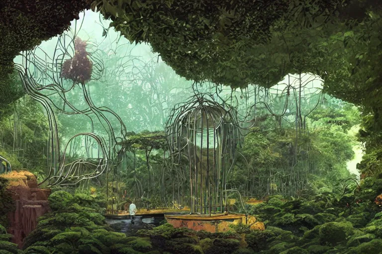 Prompt: deep natural cave with lush vegetation, victorian green house, kid and mad scientist walking, giant video screens, sci - fi, retrofuturism, concept art by moebius and victo ngai, architecture by francois schuiten, clean line, diesel punk, artstation