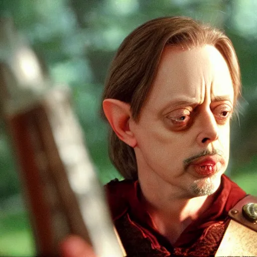 Prompt: Real Stills of Steve Buscemi playing a lord of rings elf in the new upcomming TV show promo ARRIFLEX 435 Camera face closeup