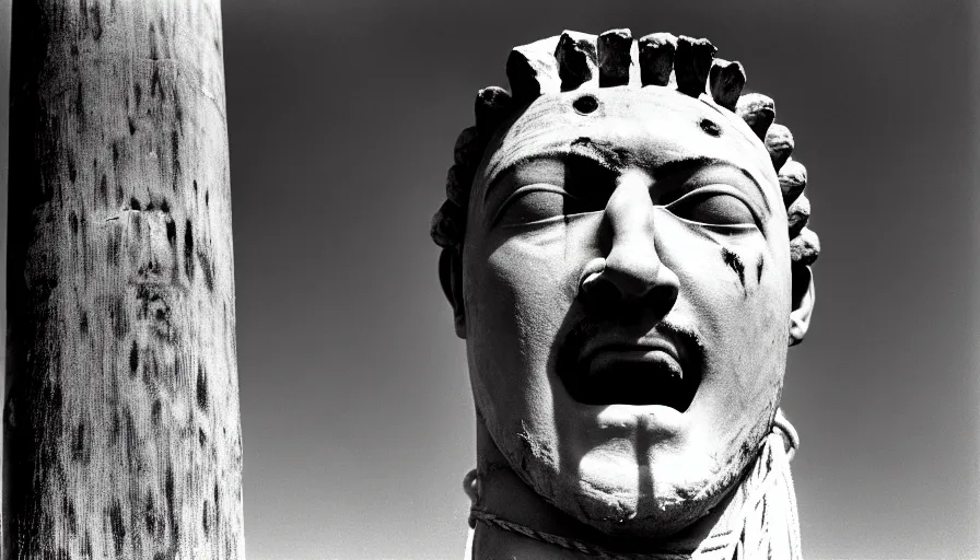 Image similar to 1 9 6 0 s movie still close - up of marcus atilius regulus'face tied with ropes at a pole with wide - open eyes looking directly at the burning sun, his eyes are bleeding intense, cinestill 8 0 0 t 3 5 mm b & w, high quality, heavy grain, high detail, texture, dramatic light