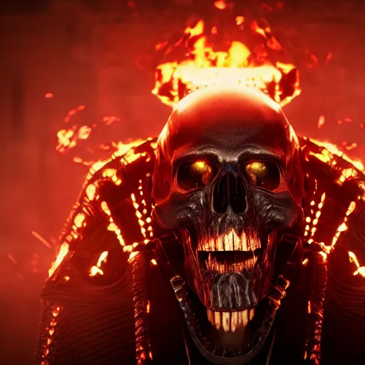 Image similar to hell raiser, field of view, depth of field, artstation, unreal 5, octane render, backlight, vfx, flames, symmetrical features, manic, true to character, epic, motorcycle, movie star, skull, - w 8 3 2