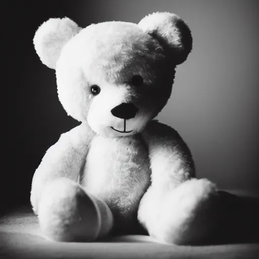 Prompt: a photograph of a white teddy bear laying on a bed crying, tears going down its face, focus shot, flashlight, 35mm film, low contrast, hd