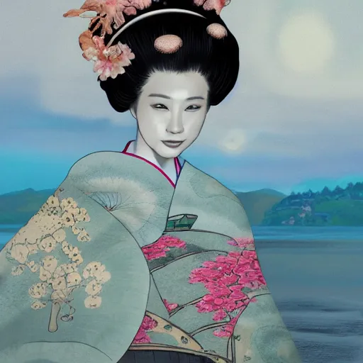 Prompt: « a photorealistic mushroom geisha with a large flowery kimono on a rainy rocky beach with victorian japanese castles »