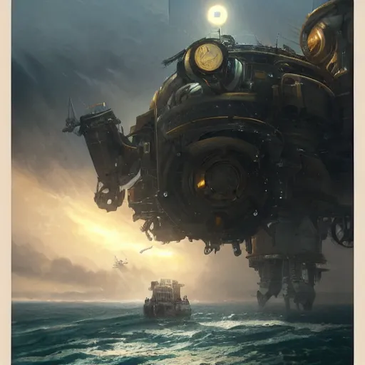 Prompt: A huge steampunk mech over the ocean, by greg rutkowski