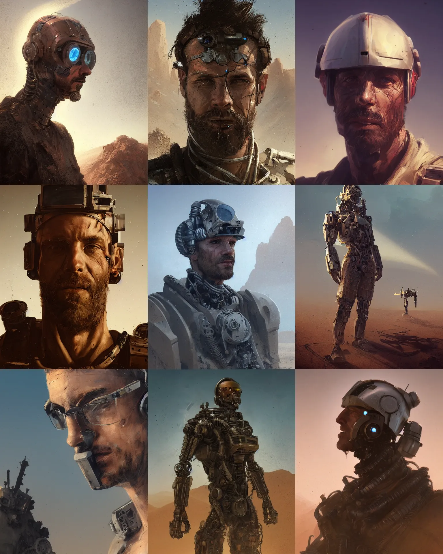 Image similar to a rugged engineer man with cybernetic enhancements lost in the desert, scifi character portrait by greg rutkowski, esuthio, craig mullins, 1 / 4 headshot, cinematic lighting, dystopian scifi gear, gloomy, profile picture, mechanical, half robot, implants, steampunk