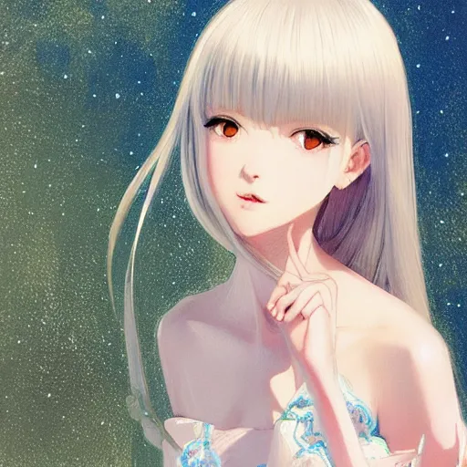 Image similar to infinitely detailed full - body portrait pale female peaceful dream angel wearing elegant clothes. beautiful! scenery art! by wlop & murata range, by ilya kuvshinov. artstation!! / pixiv!!