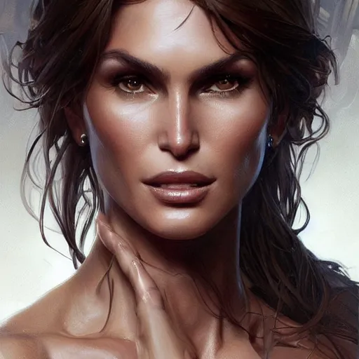 Prompt: Cindy Crawford as Lana Croft, intricate, elegant, highly detailed, digital painting, artstation, concept art, smooth, sharp focus, illustration, art by artgerm and greg rutkowski and alphonse mucha