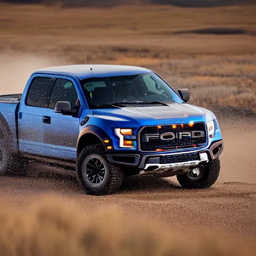 Image similar to a highly detailed photo of a ford raptor in alberta at sundown, 4 k high - resolution photograph, ultra detail, hd photo